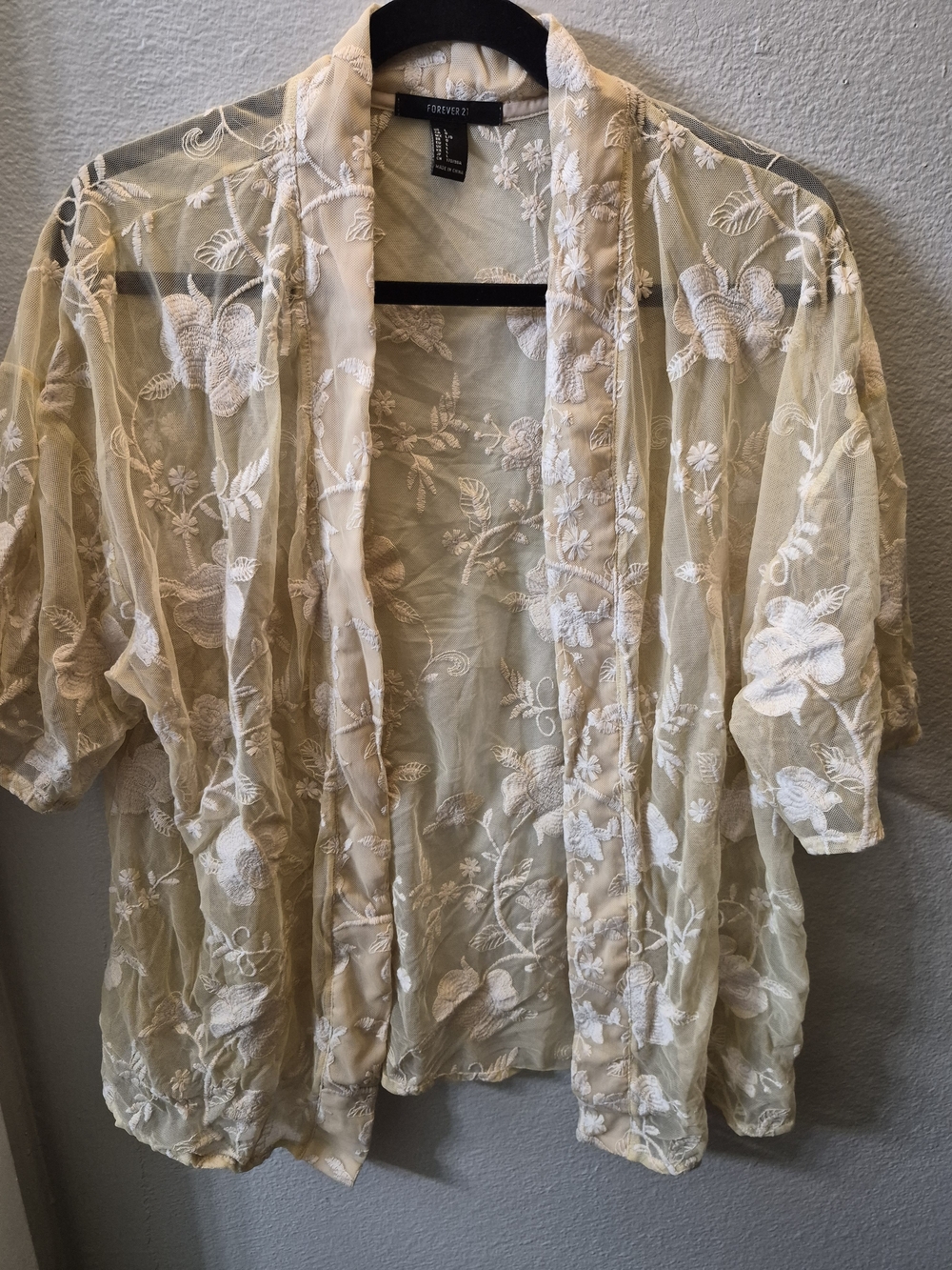 Forever 21 Sheer Cream Floral Embroidered Kimono Cardigan